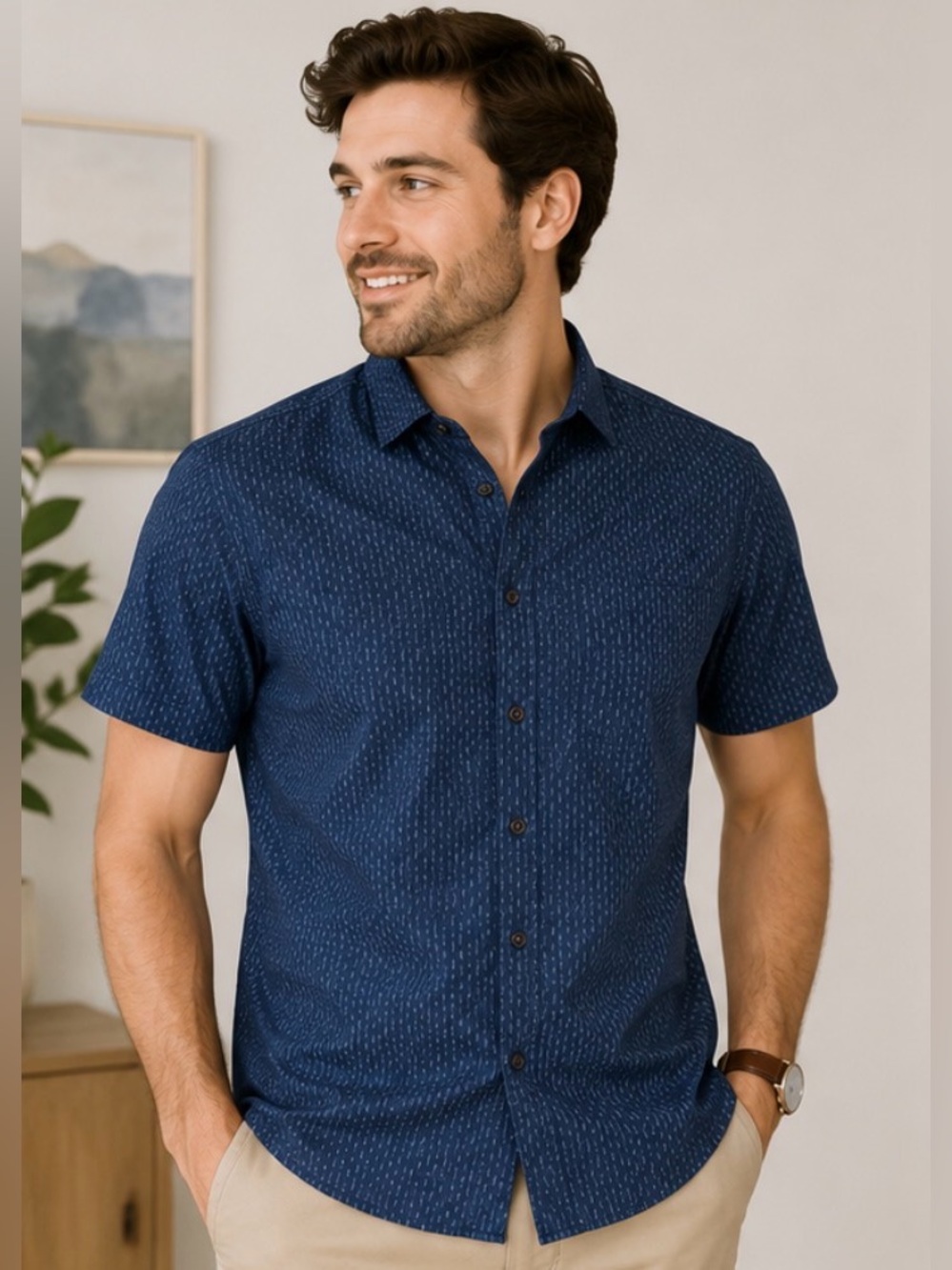 314 Joseph Abboud Joe Slim Fit Navy Geometric Short Sleeve Shirt Men’s M